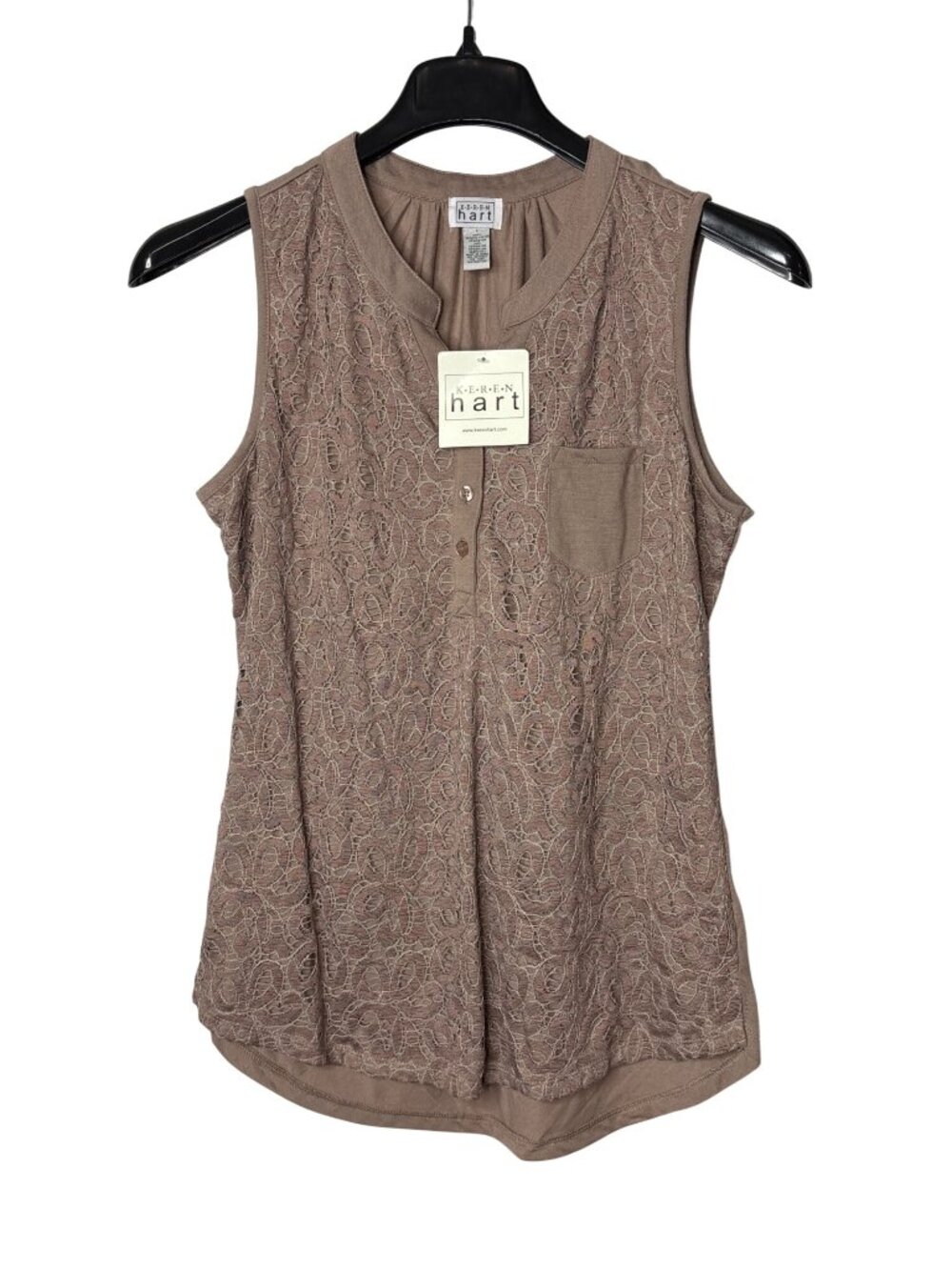 Keren Hart Sleeveless Blouse Top Size L Lace Front Pocket Vintage Y2K Taupe New